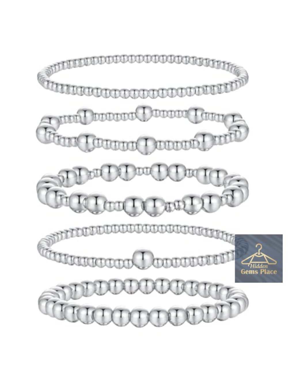 Platinum Plated Beaded Bracelet Set Stretch Elastic Stackable